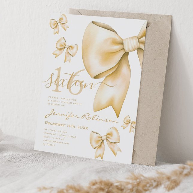 Invitación Cute Coquette Gold Bow Sweet 16 Cumpleaños Party (Cute Coquette Gold Bow Sweet 16 Birthday Party Invitation)