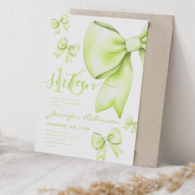 Invitación Cute Coquette Lime Green Bow Sweet 16 (Cute Coquette Lime Green Bow Sweet 16 Invitation)