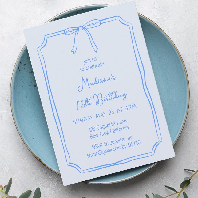 Invitación Cute Coquette Mano Dibujada Bow Whimsical Cumpleañ (Subido por el creador)