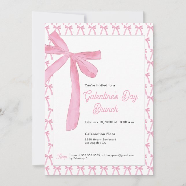 Invitación Cute Coquette Pink Bow Galentine’s Day Brunch (Anverso)