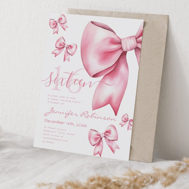 Invitación Cute Coquette Rubor Pink Bow Sweet 16 (Cute Coquette Blush Pink Bow Sweet 16 Invitation)