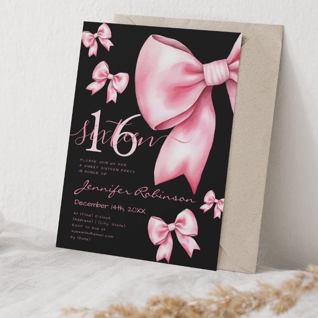 Invitación Cute Coquette Rubor Pink Bow Sweet 16 Black (Cute Coquette Blush Pink Bow Sweet 16 Black Invitation)