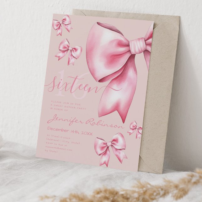 Invitación Cute Coquette Rubor Rosa Bow Sweet 16 Pale Rosa (Cute Coquette Blush Pink Bow Sweet 16 Pale Rose Invitation)