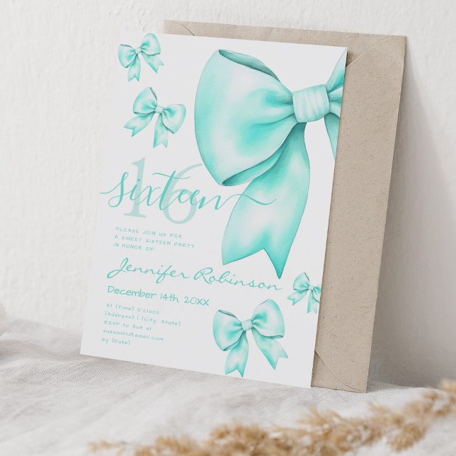Invitación Cute Coquette Turquoise Bow Sweet 16 (Cute Coquette Turquoise Bow Sweet 16 Invitation)