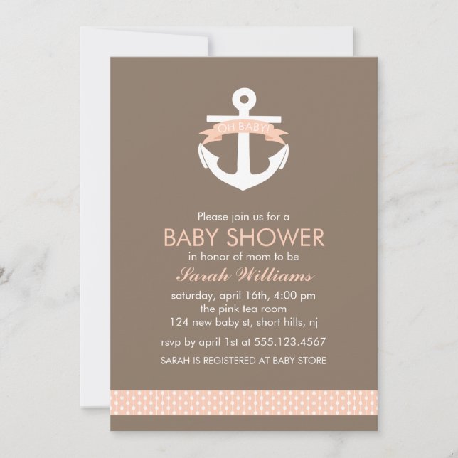 Invitación Cute Coral Anchor Tema Náutico Baby Shower (Anverso)