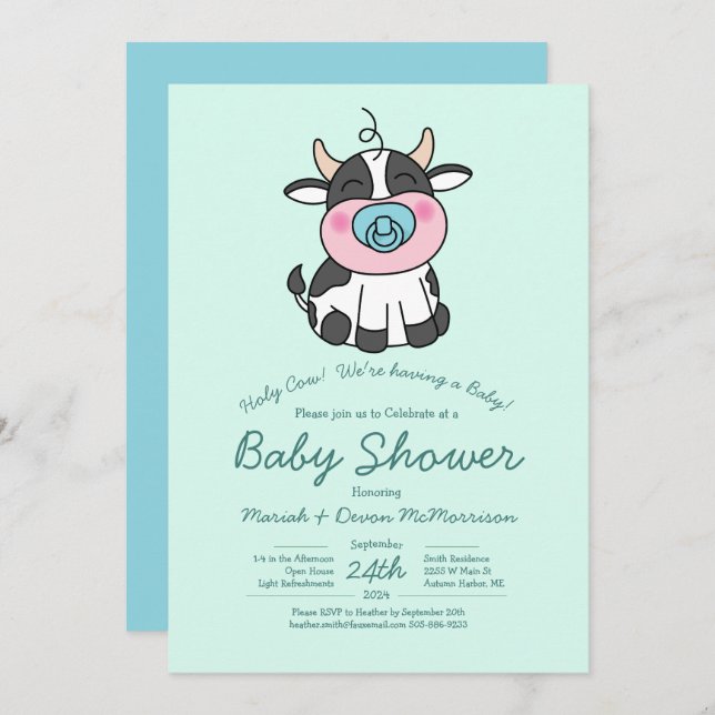 Invitación Cute Cow Baby Shower Kawaii Blue Boy (Anverso / Reverso)