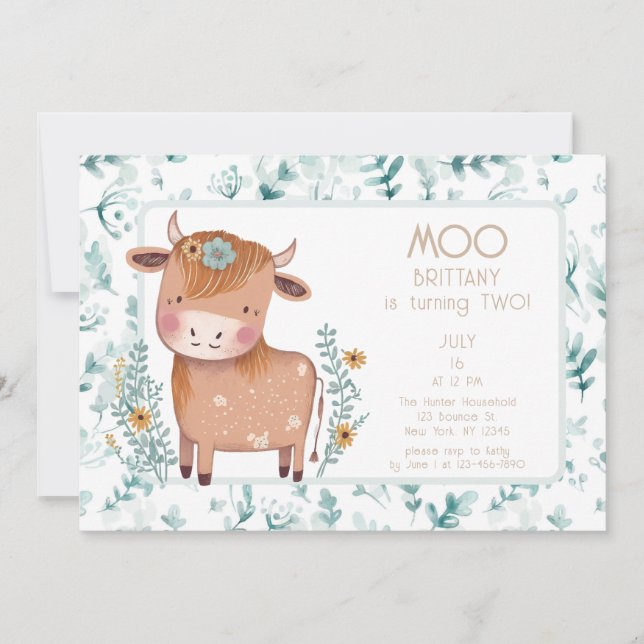 Invitación Cute Cow Boho Floral Segundo Cumpleaños (Anverso)