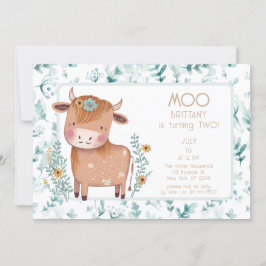 Invitación Cute Cow Boho Floral Segundo Cumpleaños
