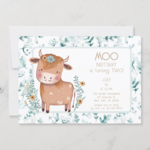 Invitación Cute Cow Boho Floral Segundo Cumpleaños