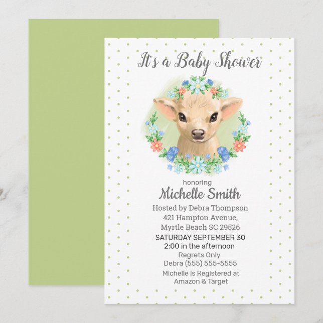 Invitación Cute Cow Green Neutral Floral Baby Shower (Anverso / Reverso)