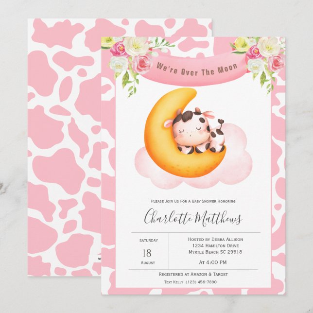 Invitación Cute Cow Over The Moon Baby Shower (Anverso / Reverso)