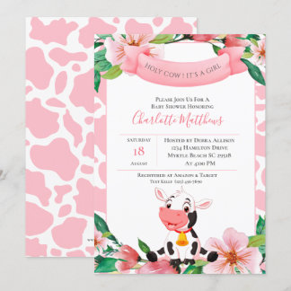 Invitación Cute Cow Pink Watercolor Floral Baby Shower