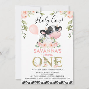 Invitación Cute Cow Print Holy Cow Floral 1er cumpleaños
