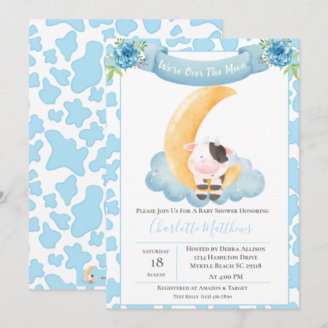 Invitación Cute Cow Sobre El Baby Shower Azul De La Luna (Anverso / Reverso)