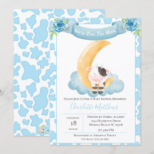 Invitación Cute Cow Sobre El Baby Shower Azul De La Luna