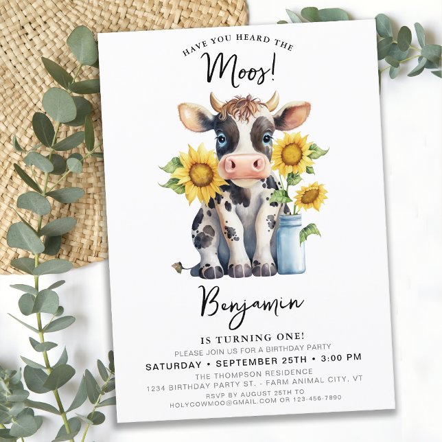 Invitación Cute Cow Sunflowers Moderno Granja Animal Cumpleañ (Subido por el creador)