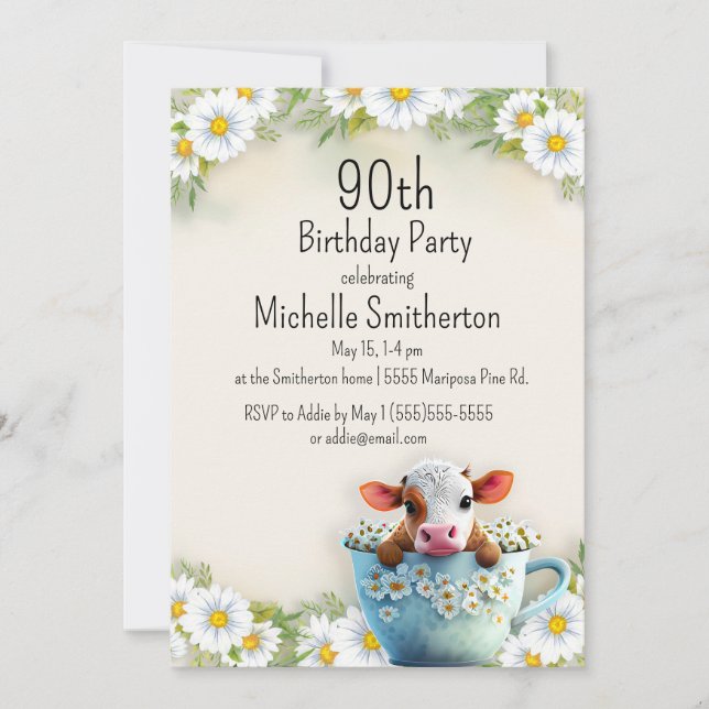 Invitación Cute Cow Teacup Daisies 100 cumpleaños (Anverso)