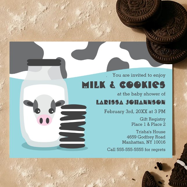 Invitación Cute Cow y Leche y Cookies Blue Baby Shower (Cute Cow and Milk and Cookies Blue Baby Shower Invitation)