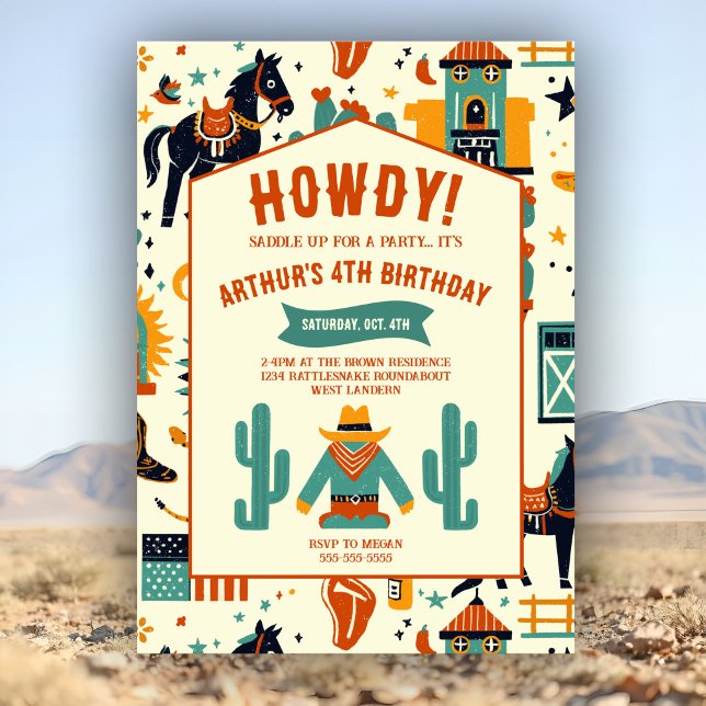 Invitación Cute Cowboy Kids Birday Whimsical Wild Western (Whimsical cowboy birthday invite with playful wild west art in trendy southwest desert colors.)