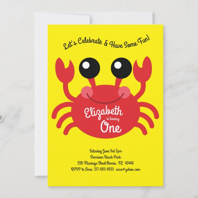 Invitación Cute Crab Beach Kids Primer Fiesta de cumpleaños (Anverso)