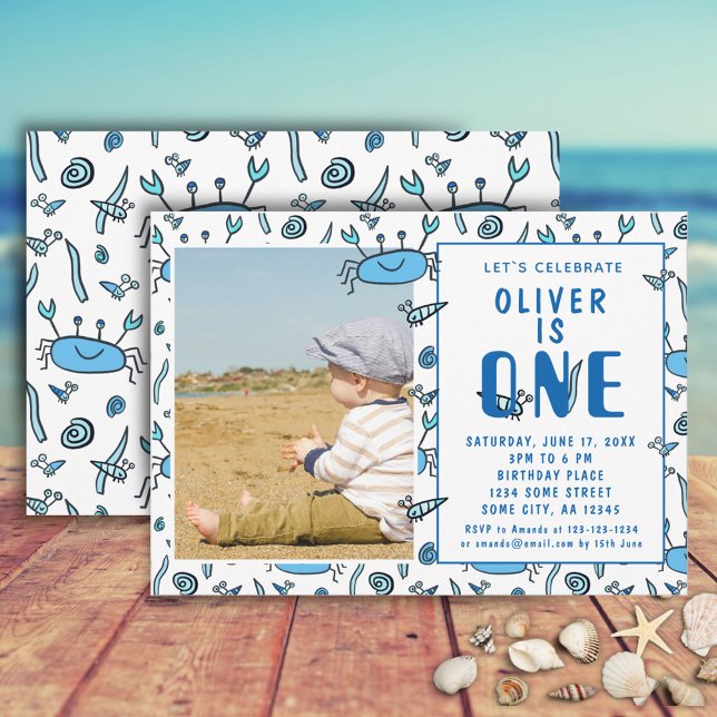Invitación Cute Crab Sea Animals Shell Boy Photo 1er cumpleañ (Subido por el creador)