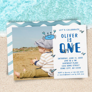 Invitación Cute Crab Sea Animals Shell Boy Photo 1er cumpleañ