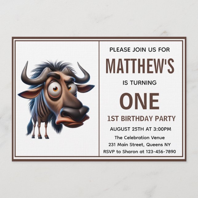 Invitación Cute Crazy wildebeest =Theme 1st Birthday photo (Anverso)