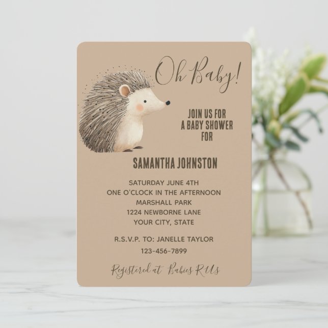 Invitación Cute Cream Brown Hedgehog (Anverso de pie)
