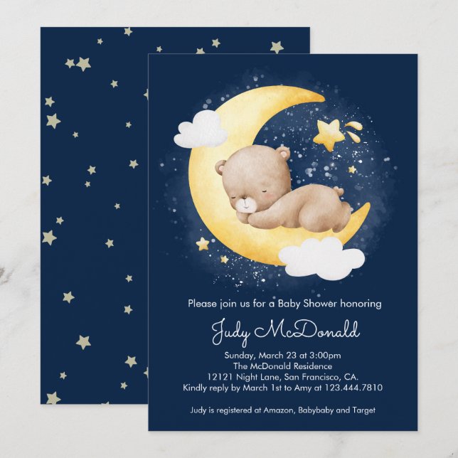 Invitación Cute Crescent Navy Moon Teddy Bear Baby Shower (Anverso / Reverso)