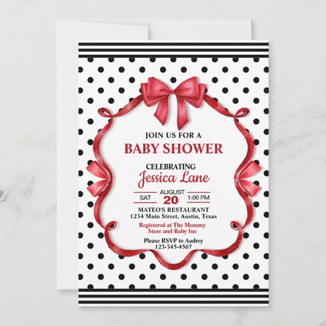 Invitación Cute Crimson Bow Baby Shower Invitation (Anverso)