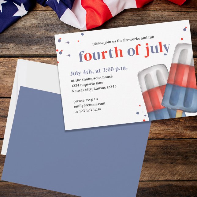 Invitación Cute Cuarto de Julio Fiesta Popsicle (Fourth of July party invitation with red, white, and blue popsicles. )