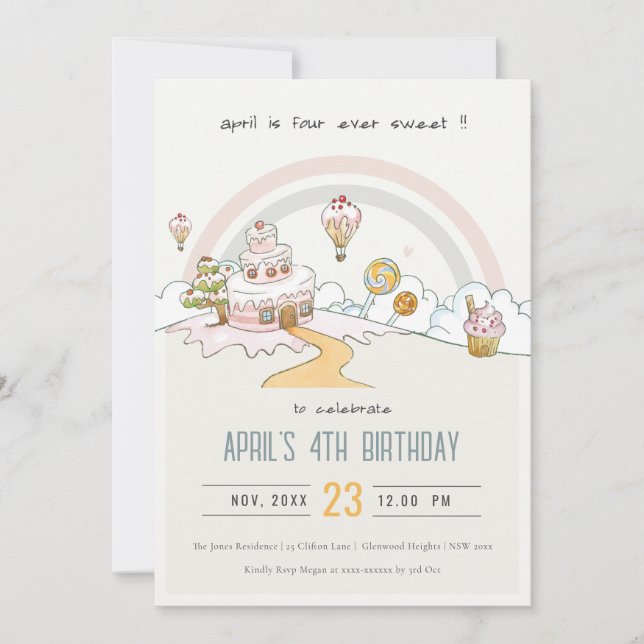Invitación Cute cuatro tierras dulce de dulce cuarto cumpleañ (Anverso)