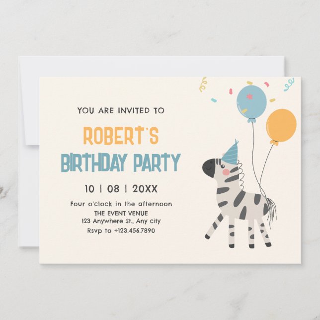 Invitación Cute cumpleaños de globos de cebra (Anverso)