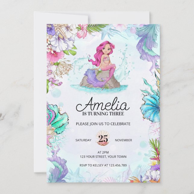 Invitación Cute cumpleaños de sirena bajo el mar (Anverso)