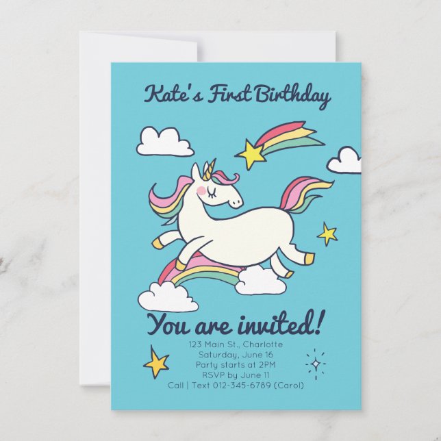 Invitación Cute cumpleaños Doodle Rainbow Unicorn y estrellas (Anverso)