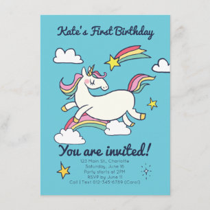 Invitación Cute cumpleaños Doodle Rainbow Unicorn y estrellas