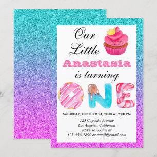 Invitación Cute Cupcake Azul Purpura Brillante Cumpleaños 1 U