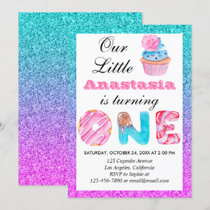 Invitación Cute Cupcake Azul Purpura Brillante Cumpleaños 1 U