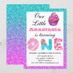 Invitación Cute Cupcake Azul Purpura Brillante Cumpleaños 1 U