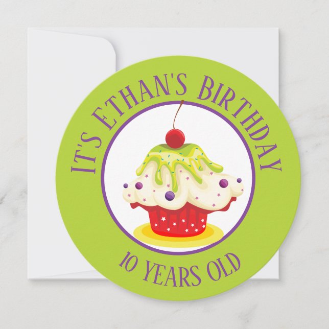 Invitación Cute Cupcake Brillantes Niños Verdes Cumpleaños (Anverso)