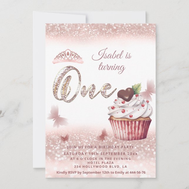Invitación Cute Cupcake Rosa oro purpurinoso mariposa tiara (Anverso)