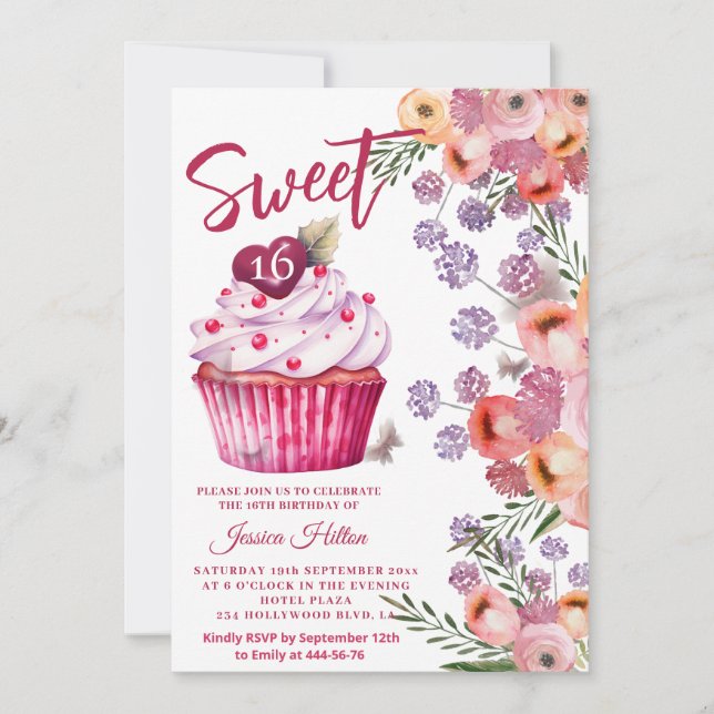 Invitación Cute cupcake Spring Butterfly floral dulce 16 (Anverso)