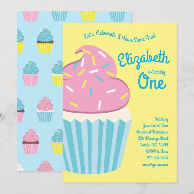 Invitación Cute Cupcakes Kids Primer Fiesta de cumpleaños (Anverso / Reverso)