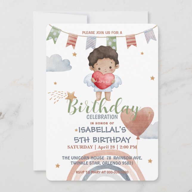 Invitación Cute Cupid afro boys Balloon valentine Cumpleaños (Anverso)