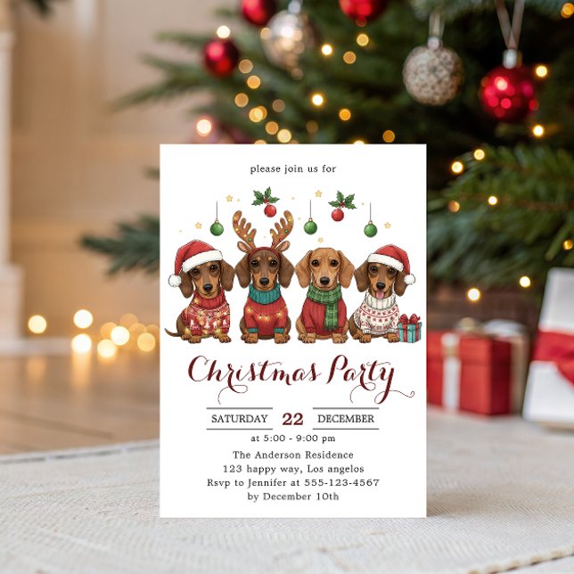 Invitación Cute Dachshund Dogs Christmas Party  (Subido por el creador)