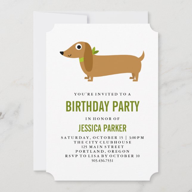 Invitación Cute Dachshund Fiesta de cumpleaños de perro (Anverso)