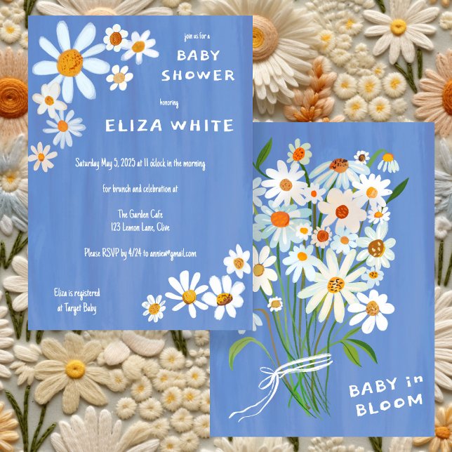 Invitación Cute Daisy Bouquet Personalizado pintado a mano Ba (Cute Daisy Bouquet Handpainted Custom Baby Shower Invitation periwinkle Blue

)