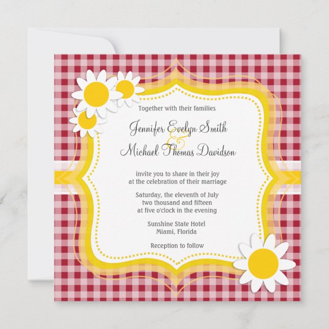 Invitación Cute Daisy en Carmine Red Gingham; revisado (Anverso)