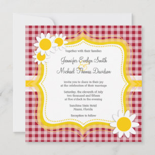Invitación Cute Daisy en Carmine Red Gingham; revisado