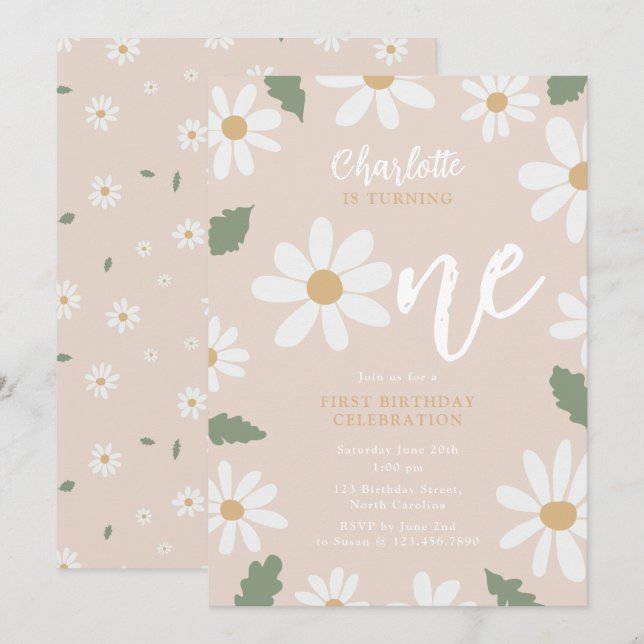 Invitación Cute Daisy Flower 1st Birthday Girl Pink (Anverso / Reverso)